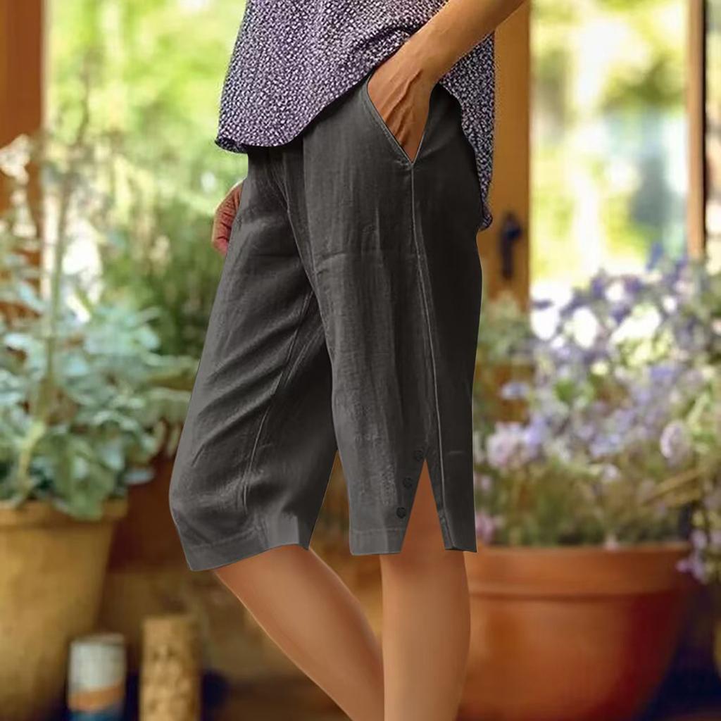 Women's Fashion Solid Color Loose Pocket Elastic Waist Cotton Linen Casual Five Pants