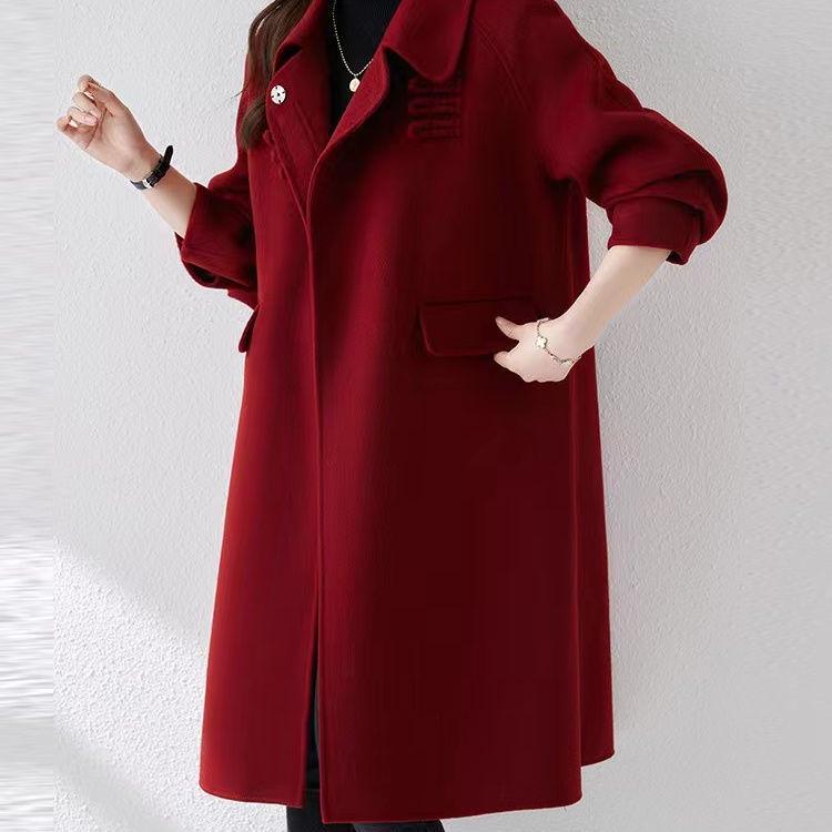 

2025 Ретро Червоне Маленьке Вовняне Двостороннє Пальто в Китайському Стилі на Осінь Зиму XL 125-140 lbs вина червоного кольору