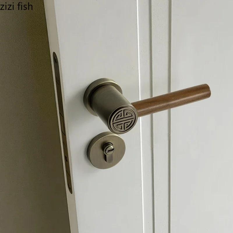 Metal Safety Door Lock Walnut Wood Handle Retro Bedroom Silent Locks Universal Split Locks Indoor Magnetic Lock Door Hardware