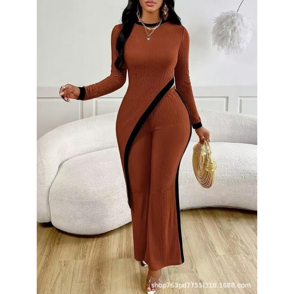 Spring and Summer New Women's Fashion Color-blocking Long-sleeved Side-slit T-shirt with Long Pants Set