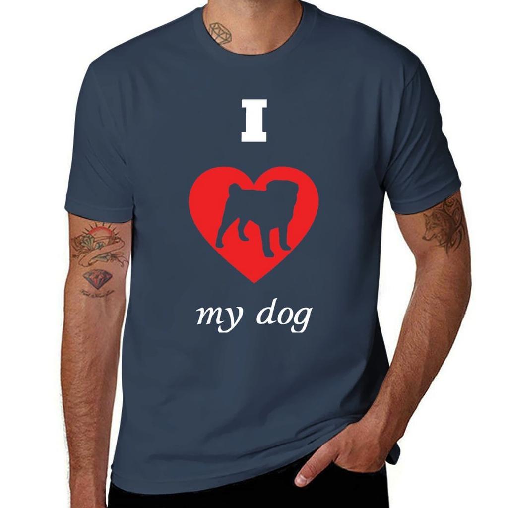 Pug  I Love My Dog TShirt Basic Daily Outfit Short Sleeve Tee