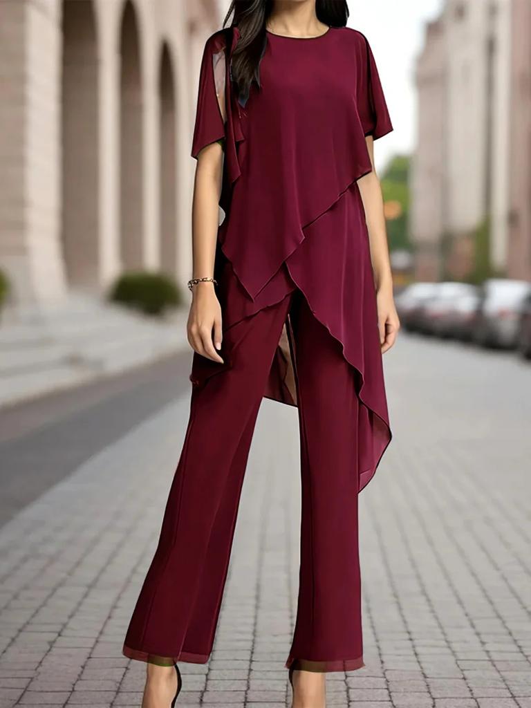 1116 Donna europea bella casual monospalla manica a pipistrello irregolare top pantaloni completo da pendolare elegante set due pezzi