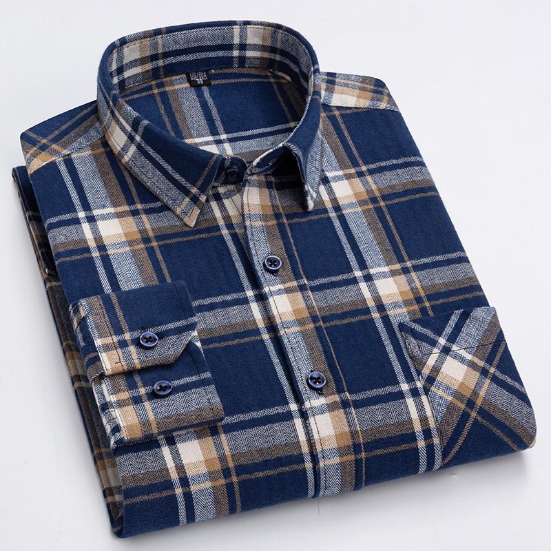 New Spring Autumn 100% Cotton Flannel Plaid Mens Shirts Casual Long Sleeve Regular Fit Home Dress Shirts For Man Clothes 6XL 5XL