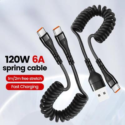 120W 6A Spring Cable Super Charging For Samsung S24 S23 USB C TO USB Type C Cable For iPhone 15 Plus Xiaomi 11 Quick Charger 3.0