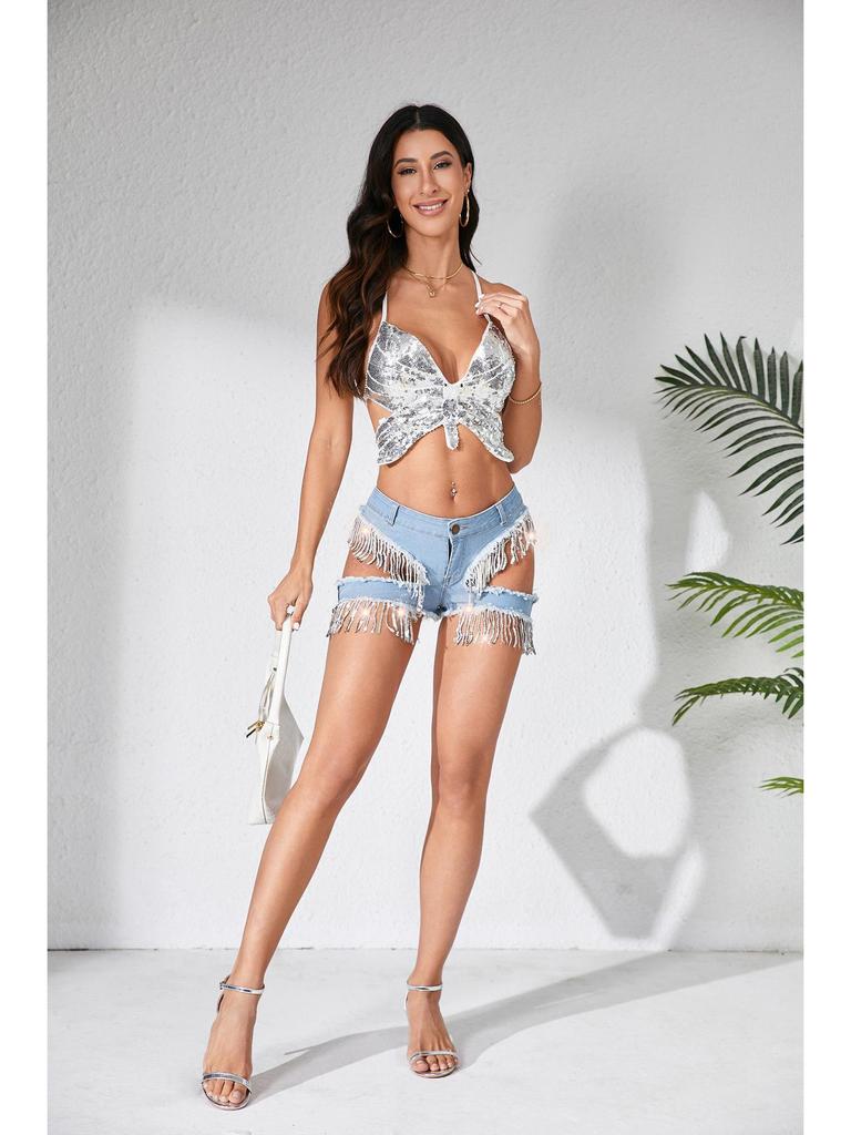 Hoge Taille Denim Shorts met Kwastjes, Pailletten en Scheuren voor Dames