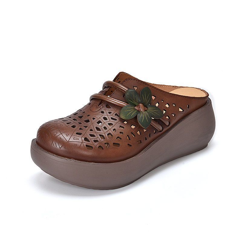 Summer Hollow Retro Soft Leather Half Slippers Women's 2025 Summer New Thick-soled Flower Outer Wear Bag Head Hole Slippers
