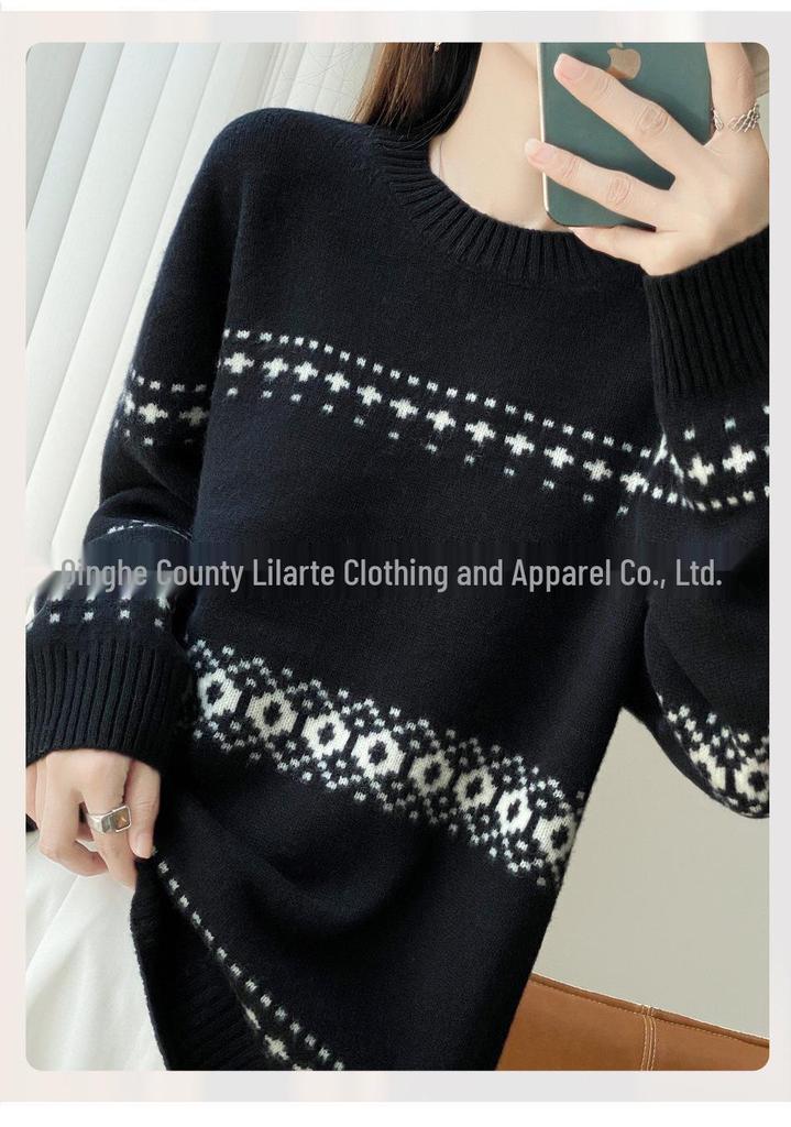 Women's Loose Cashmere Jacquard Sweater - Thick, Versatile, Half-High Neck Knitwear for Autumn/Winter