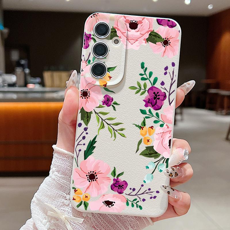 Floral Print Shockproof Phone Case For Samsung S25 Ultra S24 FE S23 S22 A56 A36 A55 A16 A26 A35 Slim Matte Leather Texture TPU Soft Bumper Cover