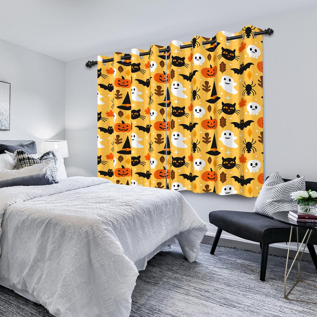 2pcs/set Horror Halloween Window Curtain Bat Spider Pumpkin Ghost Haunted House Home Decor Blackout Polyester Fabric Curtains