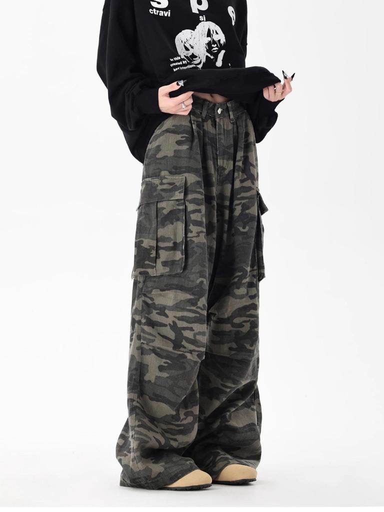 Unisex Tarnfarbene Weitbeinige Jeans mit Mehreren Taschen und Plisseé-Design
