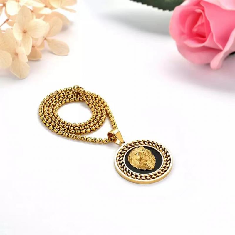 Hip Hop Gold Color 3D Round Lion Head Pendant Medal Chain for Men Women Fashion Rock Music Festival Rapper Necklace