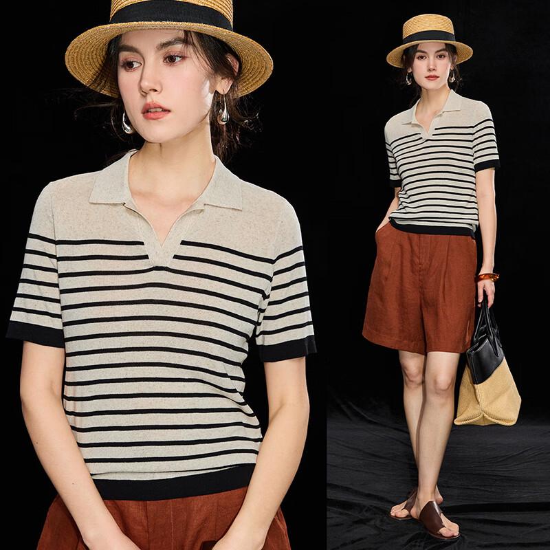 Wudao Women s Tencel Linen Striped Polo Knit T-Shirt M