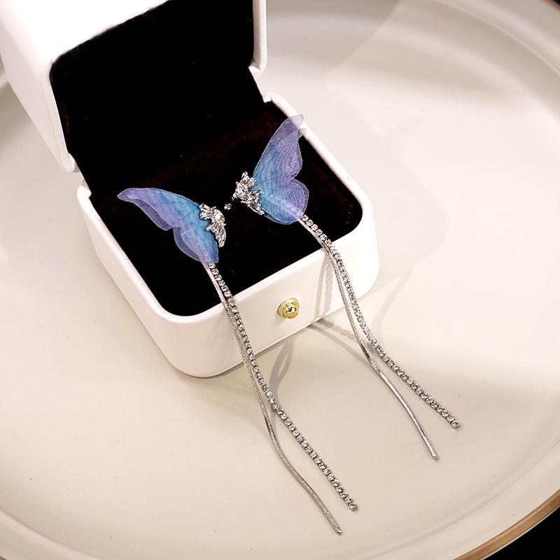 

Silver Needle High-End Butterfly Wing Long Tassel Earrings - Light Luxury Sweet Design