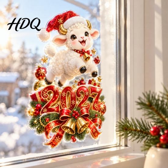 Christmas Lamb Window Art 2027 New Year Clings Cartoon Sheep Static Glass Stickers Door Festive Ornaments of Goat Decal for Holiday Home Office