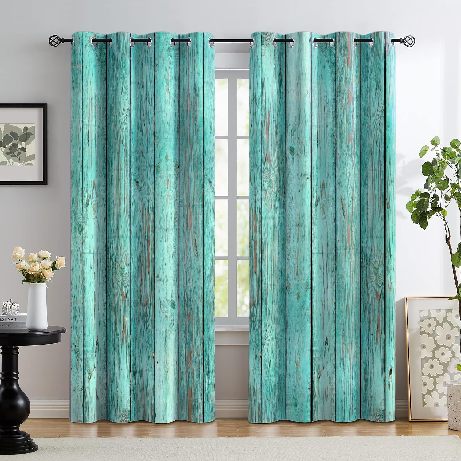2 Stück Imitation Rustikal Holzmaserung Verdunkelungsvorhänge Wohnzimmer Schlafzimmer Arbeitszimmer Schiebefenster Heimdeko Ösenaufhängung 2x50W130H(CM)&Grommet Top blue