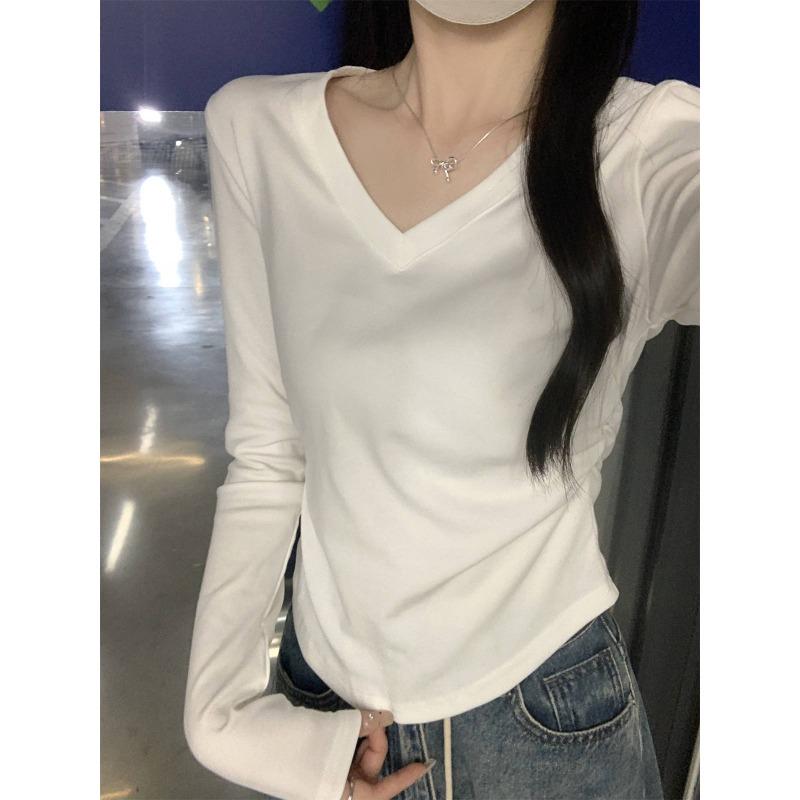 Simple Style Collar Pure White Shoulder Long-sleeved T-shirt Women's Autumn Pleated and Thin Spice Girl Inner Bottoming Shirt