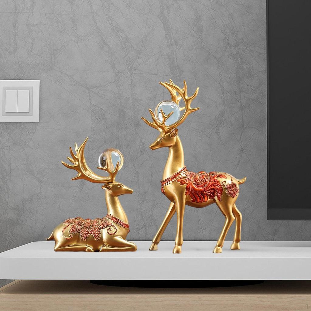2Pcs Deer Statue, Reindeer Figurines Standing and Sitting Crafts Collectible Elk Sculpture for Table