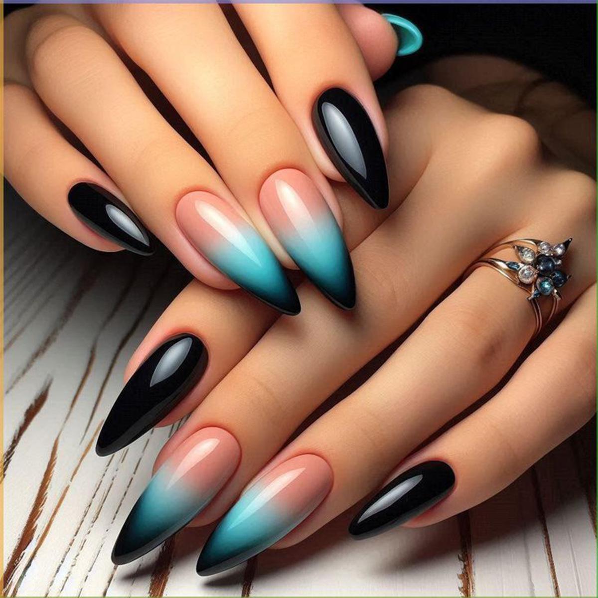 Black Gradient Green Almond-Shaped Wearable False Nails with Water Drop Tips - 24 Pieces, Removable. Glue Model