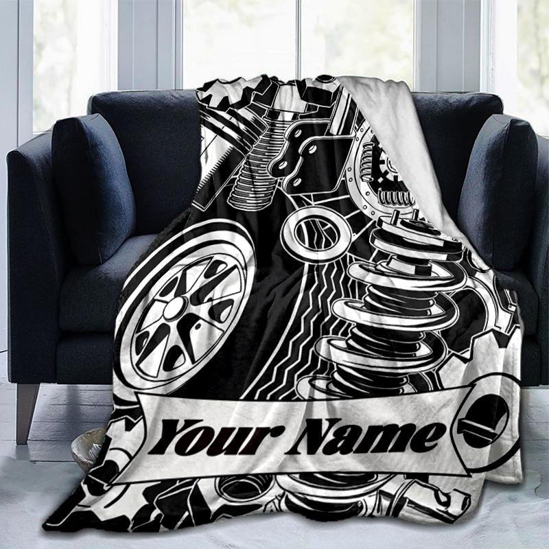 1PC Custom Name Automotive Parts Illustration Outdooor Flannel Blankets Throw Blanket All-Season Throw Gift Bedspread for Couch, Bed, Camping Holiday