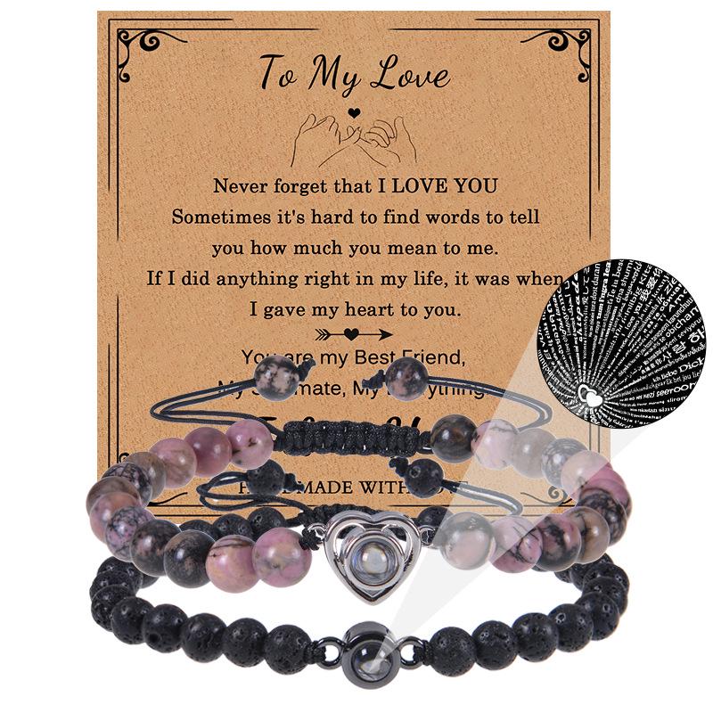 Bracciale con proiezione "Ti amo" in 100 lingue con pietra naturale smerigliata e turchese bianco per coppie