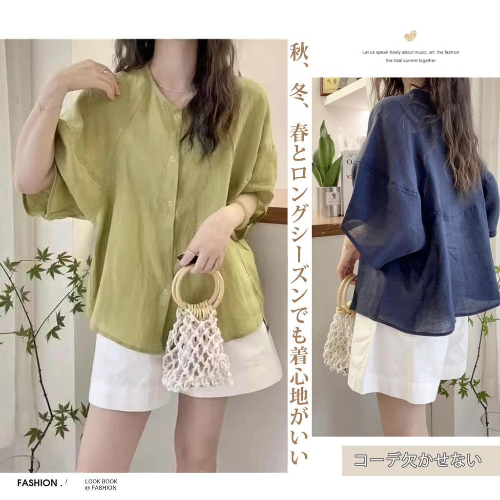 MaadeaNoeTe Short Sleeve Crew Front Solid Perfect for and Fall Women's Cotton-Linen Shirt, Blouse, Neck, Elegant, Opening, Button-Down, Simple,