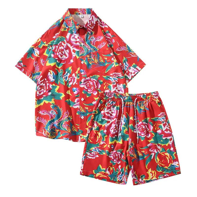 2026 Summer Northeast Chinese Floral Short Sleeve Shirt Beach Pants Set Retro Unisex Outfit Lightweight Breathable Daily Wear