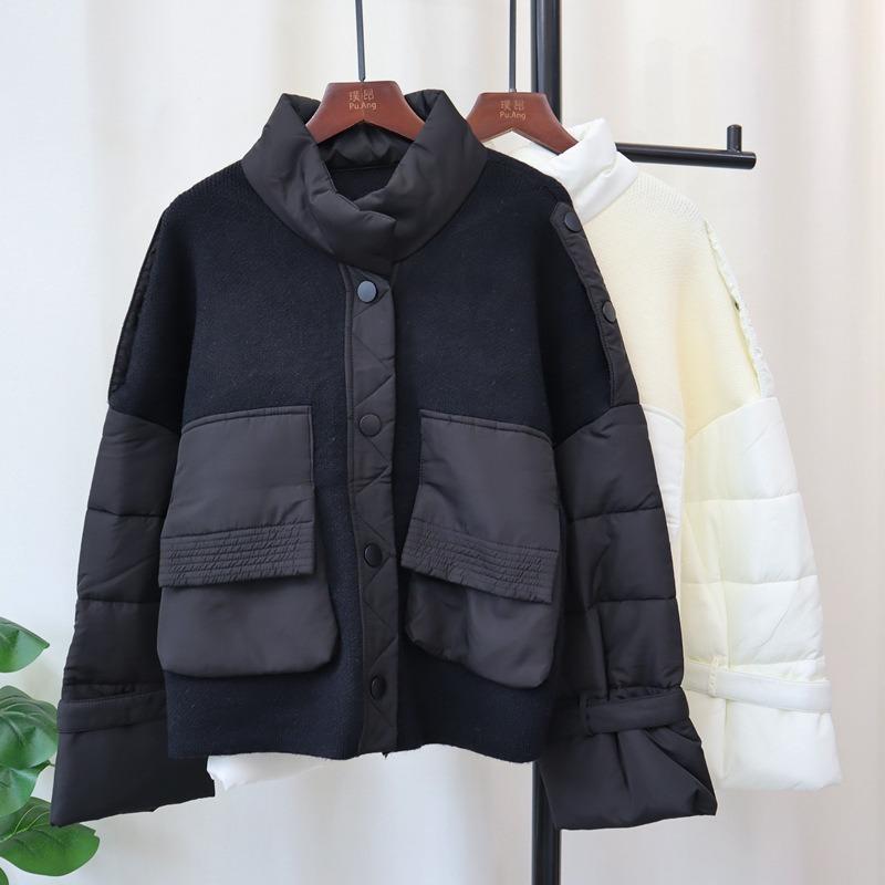 Autumn and winter new splicing cotton clothes knitted cardigan thickened loose temperament design sense stand-up neck sweater jacket women