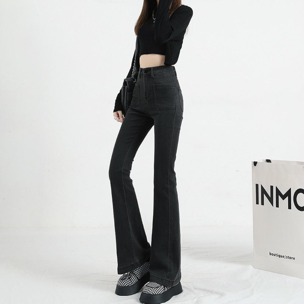 Black and gray Spice Girl micro-pull jeans women's 2025 new spring and autumn high-waisted hips and thin flared jeans