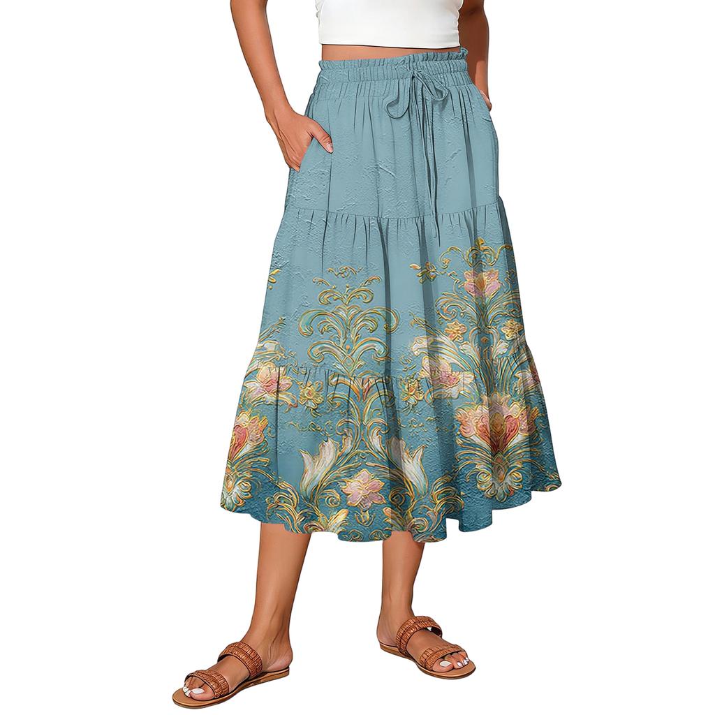 Womens Maxi Skirt Drawstring High Waisted Summer Long Skirts Lightweight Tiered Flowy Floral Pleated Skirts