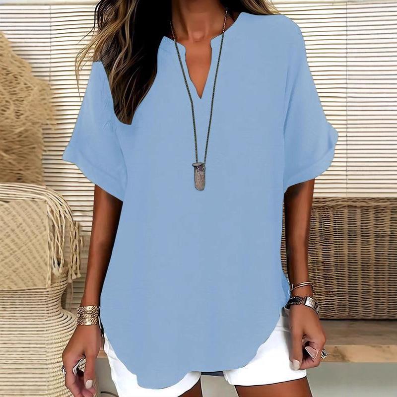 Summer Loose and Fashionable Pure Color V-neck Casual Women's T-shirts