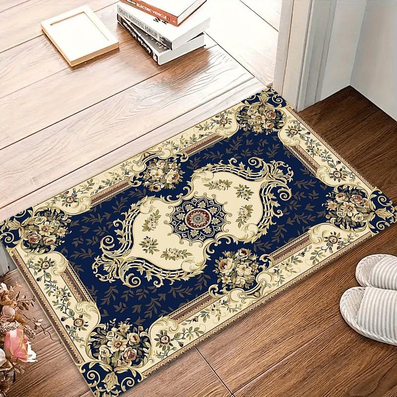 European Vintage Blue Rugs Bedroom Decor Home Carpets for Living Room Gold Flower Pattern Carpet Elegant Navy Floor Mat Gift Rug