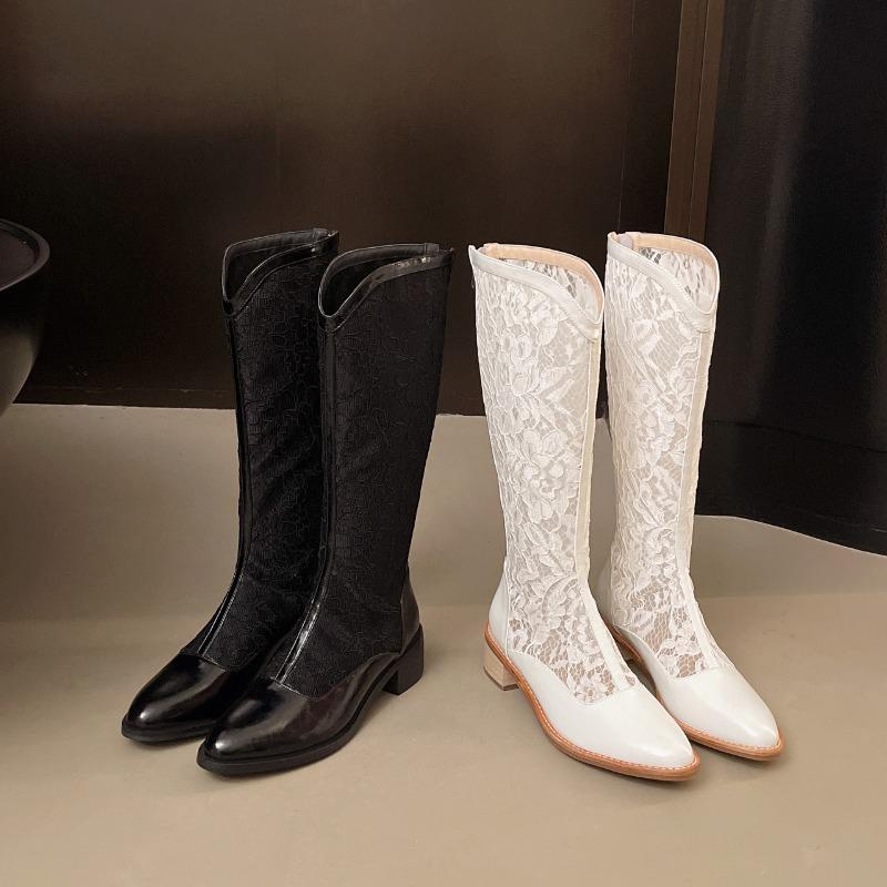 2025 Women's Fashion Boots Pointed Toe Square Heel Lace Mesh Hollow High Tube Boots Fashion Grace Summer Breathable Summer Boots