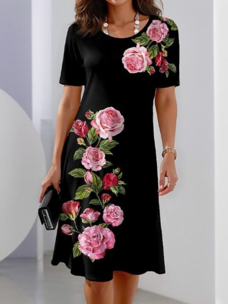 Summer Women's Round Neck Short Sleeve Printed Fashion Loose Midi Dress