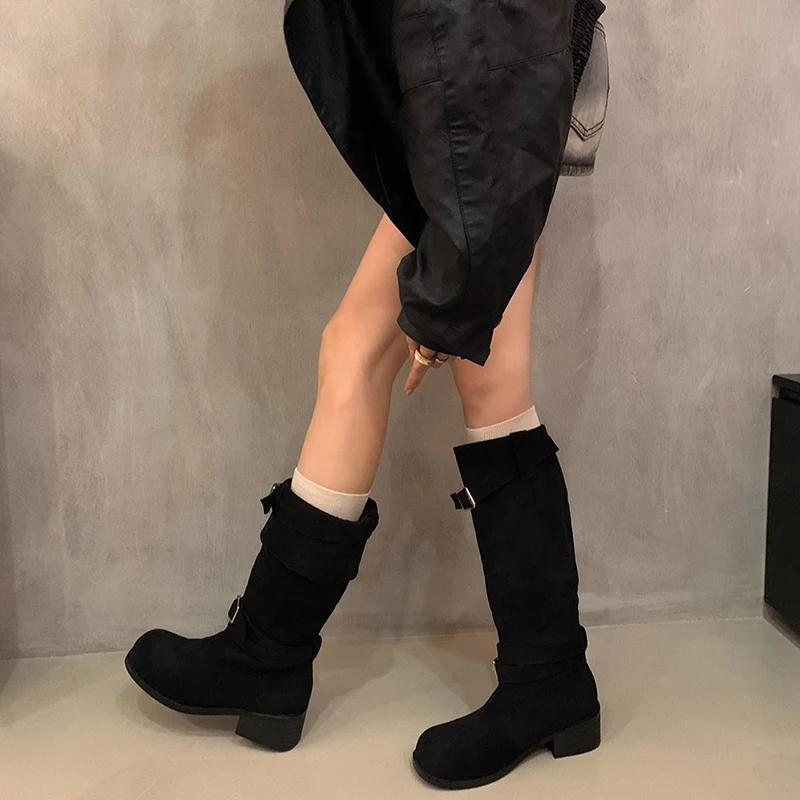 

Зимние уличные сапоги до колена женские сапоги в стиле панк на квадратном каблуке женские лаконичные длинные сапоги Zapatos De Mujer 35