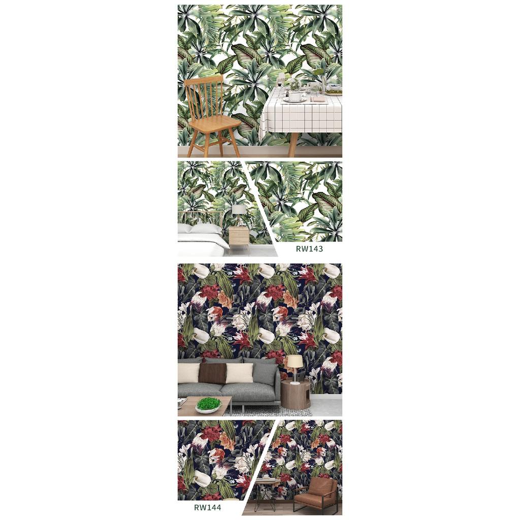 Removable Seamless Self-Adhesive Wallpaper for Living Room Background (Green Plants and Flowers)