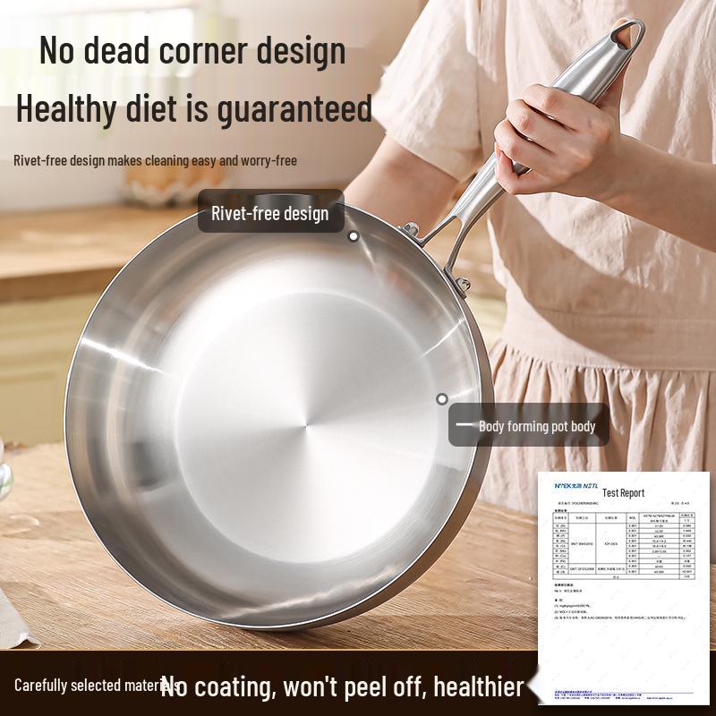 316 Stainless Steel Non-Stick Wok, Flat Bottom, Induction Compatible, Deepened Stir-Fry Pan