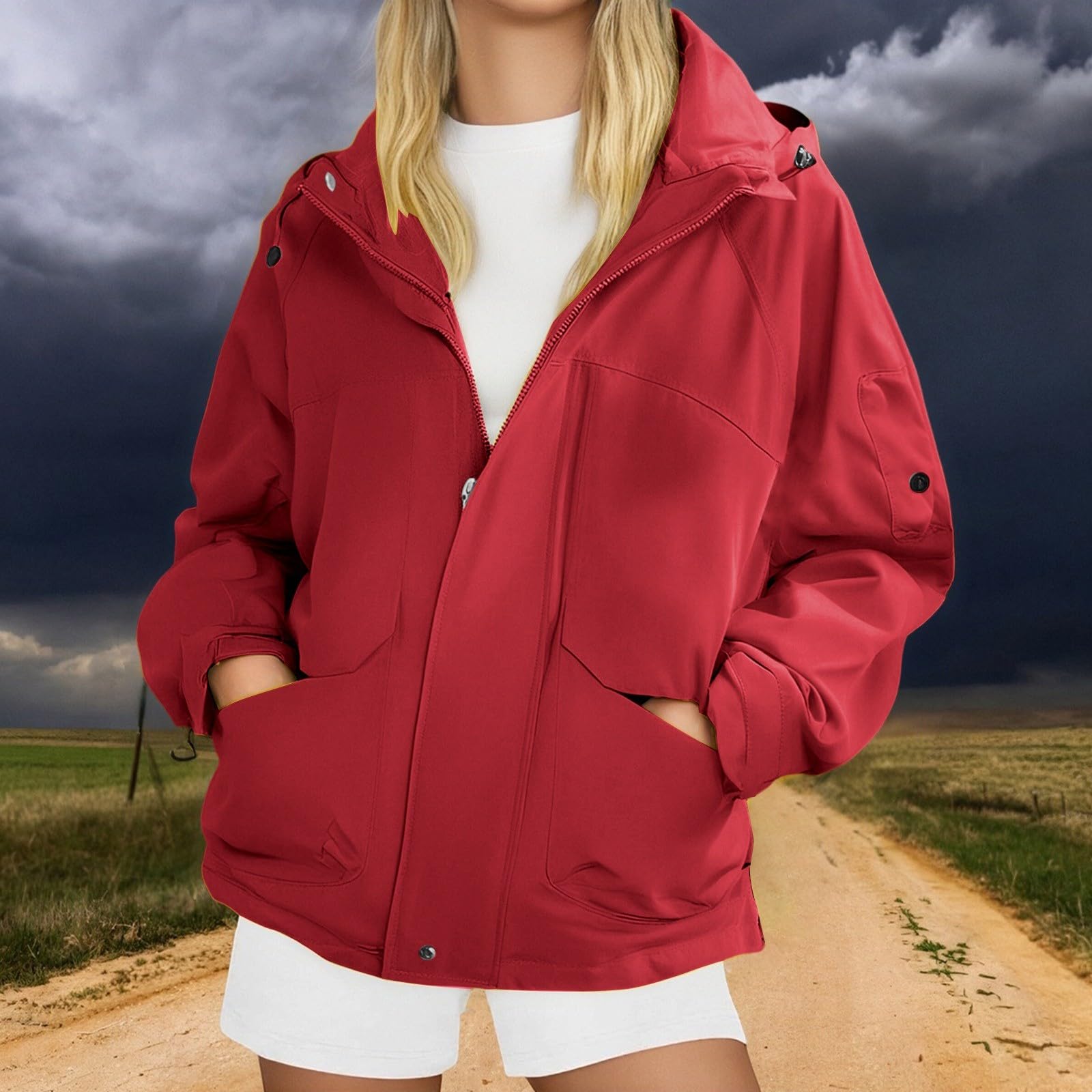 

Women s Fashionable Thickened Hooded Outdoor Hiking Jacket -Colour Windbreaker Outerwear XL червоний