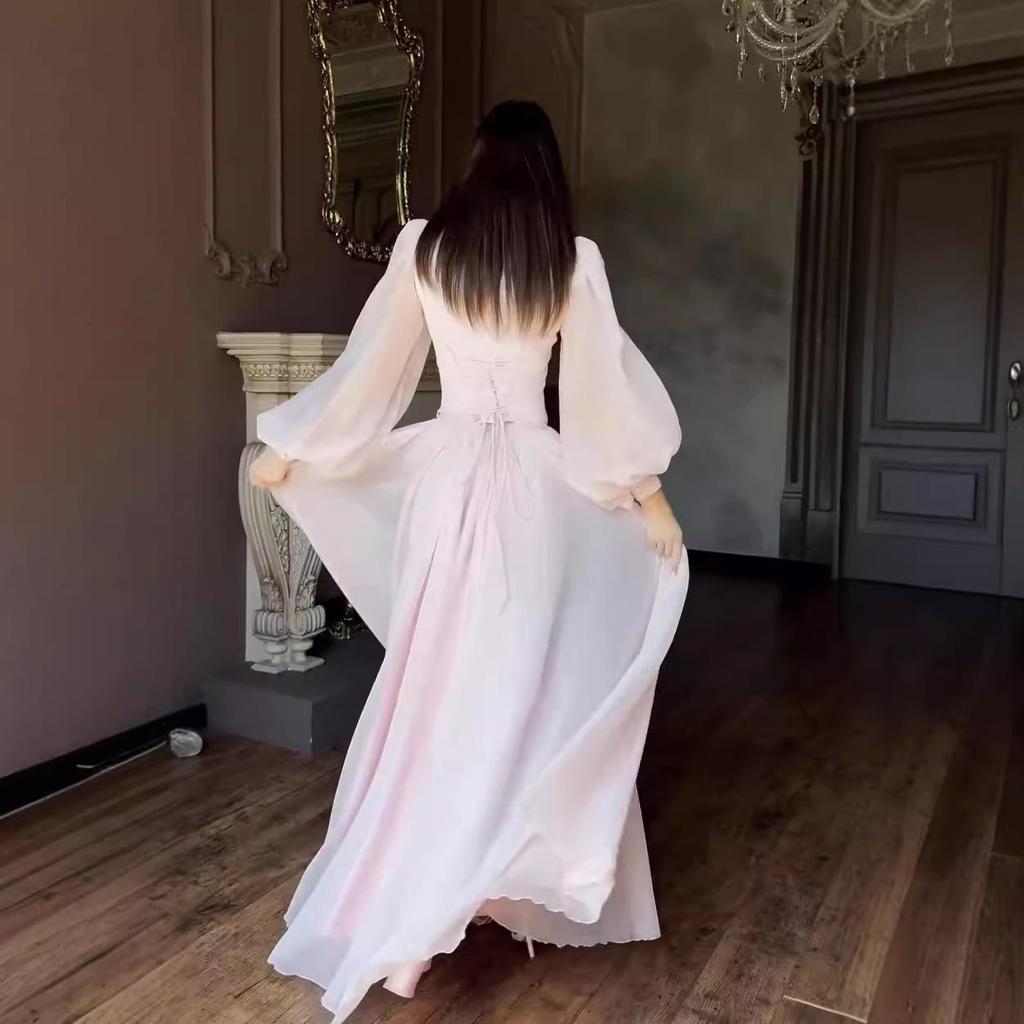 Französisches Quadratischer Ausschnitt Laternenärmel Perlen-Netz-Kleid - Eleganter Europäischer & Amerikanischer Stil