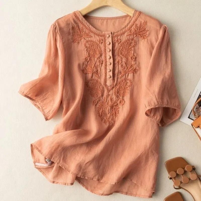 

Short-sleeved Summer Literary Retro Loose Design Embroidered Round Neck Thin Cotton and Linen Ladies Top XS помаранчевий