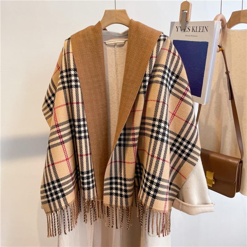 Sweet Plaid Scarf Women's Versatile Imitation Cashmere Thickened Double-sided Fringed Shawl Long Scarf One Piece