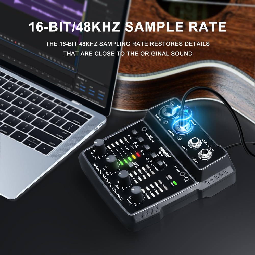 BOMGE M12 Audio Interface, 2-Channel Mixer with XLR/3.5mm Mic Input, 48V Power Supply, Sound Card for PC Recording/Studio/Live