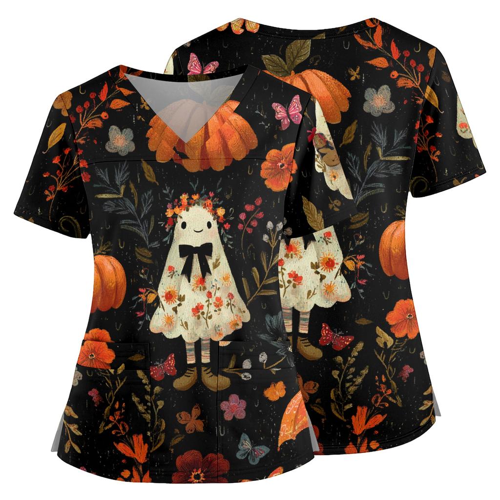 Women V Neck Scrub Top with Pockets Short Sleeve Side Split Hem Halloween Print Floral Pattern Comfortable Fit Medical Uniform
