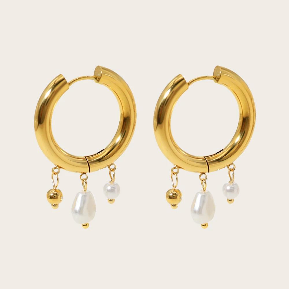 Luxury Baroque Pearl Hoop Earrings Women Accessories Waterproof Exquisite 18K Gold Plated Stainless Steel Earrings Birthday Gift