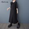 Large Size Spring Summer Wome Black Midi Dress Brief O Neck Casual Loose Floral Party Dress Half Sleeve Split Feminine Dress
