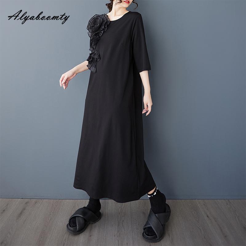 Large Size Spring Summer Wome Black Midi Dress Brief O Neck Casual Loose Floral Party Dress Half Sleeve Split Feminine Dress