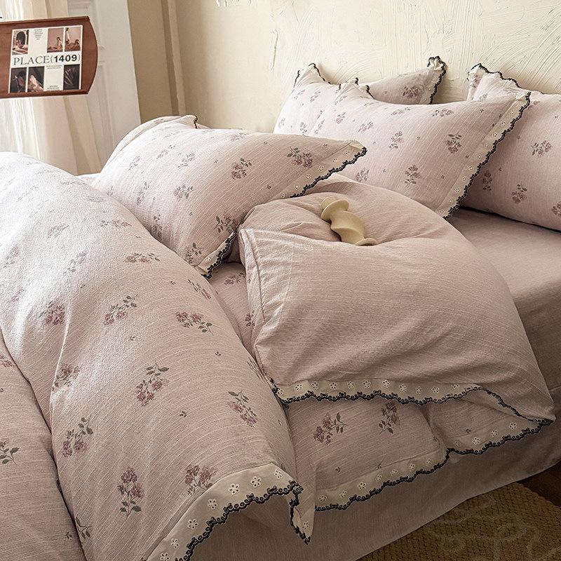 French Retro Jacquard Linen Bedding Set with Cotton Lace Trim - Luxury Princess Style