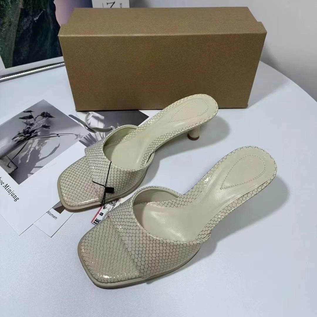 

Жіночі mules на підборах Модний принт Квадратний носок Без застібки Сандалі Бежева шкіра Високі підбори Літнє взуття для вечірки Елегантний вечірній одяг 42 бежевий