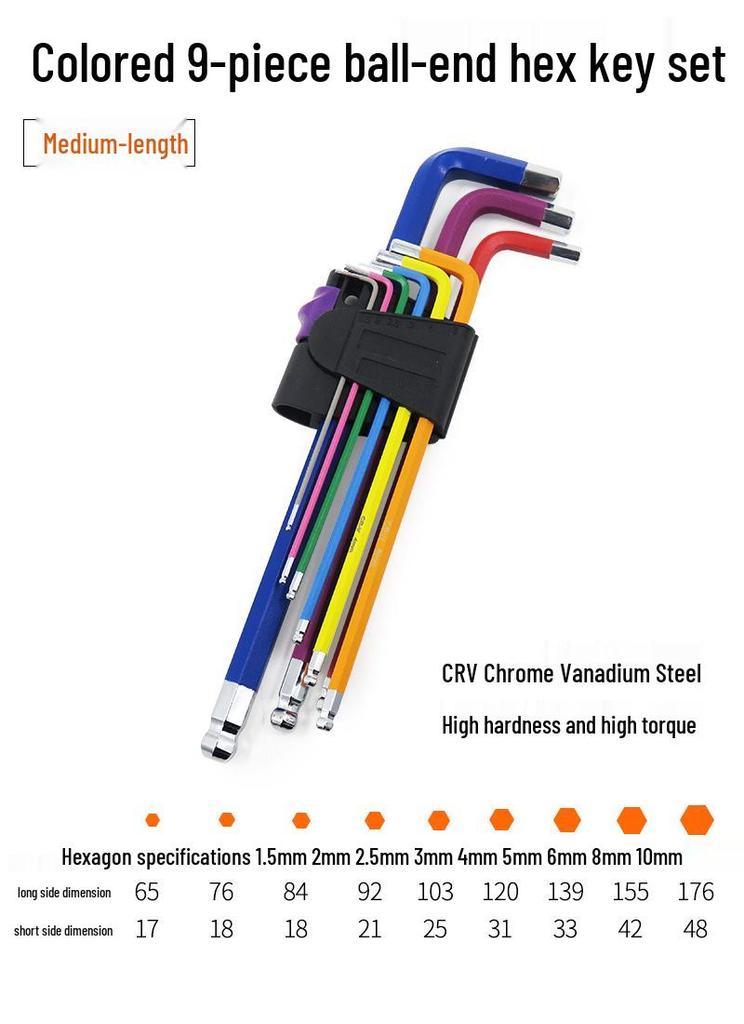 Industrial Color Hex Wrench Set: Chrome Vanadium Ball Head, Torx, Phillips, Star, Medium-Long, Foldable, Multi-Purpose.