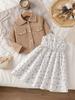 Girls Spring and Autumn Jacket Set New Long-sleeve Collar Short Jacket + Spaghetti Strap Small Floral Dress 2-piece Set