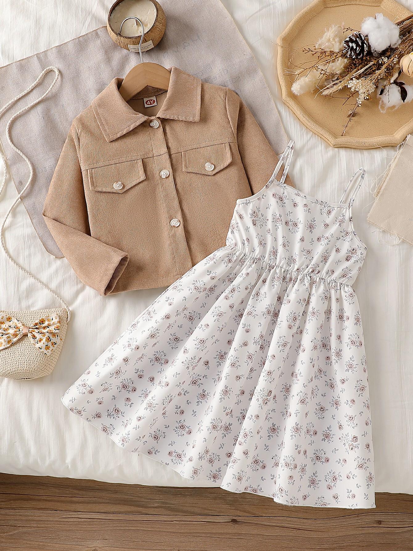 Girls spring and autumn jacket set new long-sleeve collar short jacket + spaghetti strap small floral dress 2-piece set 4Y
